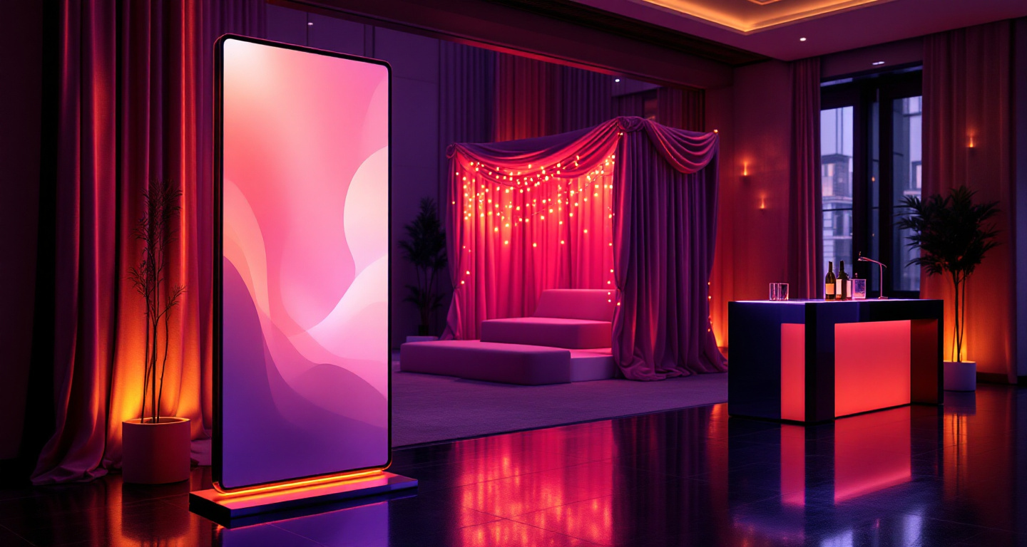 An evening event venue with a glowing mirror-style display, a draped booth with string lights, and an illuminated charging table
